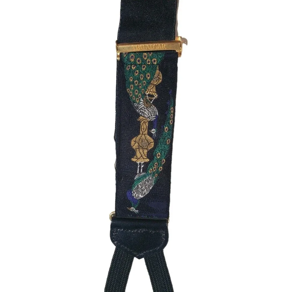 Trafalgar VG authentic black peacock urn feathers silk leather braces suspenders - Picture 3 of 16